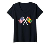 Mujer Banderas Cruzadas de Estados Unidos y Granada con raíces Dobles Camiseta Cuello V