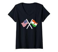 Mujer Banderas Cruzadas de Estados Unidos y Níger con raíces Dobles Camiseta Cuello V