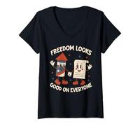 Mujer Banderas Fuegos Artificiales Equidad Libertad Justicia USA Patriotic Camiseta Cuello V