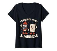 Mujer Banderas Fuegos Artificiales Equidad Libertad Justicia USA Patriotic Camiseta Cuello V