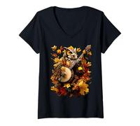 Mujer Banjoist Búho Jugar Banjo Picker Hojas Otoño Animal Camiseta Cuello V