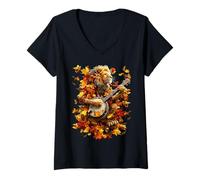 Mujer Banjoist León Jugar Banjo Picker Hojas Otoño Animal Camiseta Cuello V