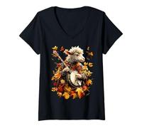 Mujer Banjoist Ovejas Jugando Banjo Picker Hojas Otoño Música Camiseta Cuello V