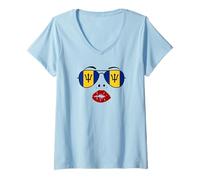 Mujer Barbados Flag Summer Girl Lips Kiss National Sunglasses Day Camiseta Cuello V