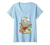 Mujer Barcelona Ciudad España Iconos Colorido Paisaje Urbano Arte Recuerdo Camiseta Cuello V