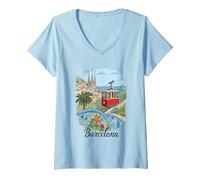 Mujer Barcelona Ciudad España Sagrada Familia Cable Car Art Souvenir Camiseta Cuello V