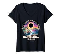 Mujer Barcelona, España Gran Eclipse Solar Europeo 2026 Camiseta Cuello V