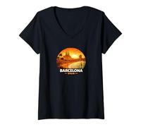 Mujer Barcelona, España, Puesta de Sol, Horizonte Camiseta Cuello V