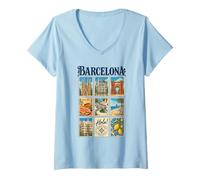 Mujer Barcelona España Vintage Travel Collage Cataluña Monumentos Camiseta Cuello V