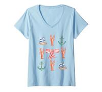 Mujer Barco de vela con temática naval, abanico de mar, langostas, ancla boho Camiseta Cuello V