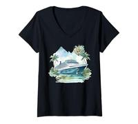 Mujer Barco y Brújula Crucero Navegación Marítima Viaje Náutico Camiseta Cuello V
