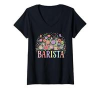 Mujer Barista Coffee Floral Pastel Diseño Caprichoso Camiseta Cuello V