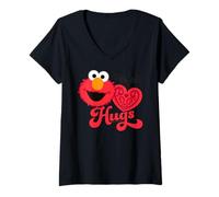 Mujer Barrio Sésamo Elmo Amor San Valentín Corazón Abrazo Vintage Camiseta Cuello V