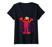 Mujer Barrio Sésamo Elmo Monstruo Abrazo Divertido Amistoso Pose BFF Vintage Camiseta Cuello V