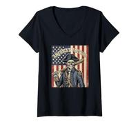 Mujer Baseball America's Pastime Patriotic Skeleton American Flag Camiseta Cuello V