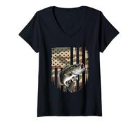 Mujer Bass Fish Fishing Camo USA Bandera Americana Largemouth Camiseta Cuello V