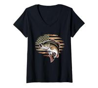 Mujer Bass Fish Fishing Camo USA Bandera Americana Largemouth Camiseta Cuello V