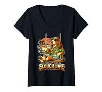 Mujer Basset Hound Bebiendo café Helado en un Columpio viviendo la Vida Camiseta Cuello V