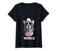 Mujer Basset Hound Dog Bandera Americana Bandana Gafas De Sol Cowboy Hot Camiseta Cuello V