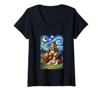 Mujer Basset Hound Playing Guitar Whimsical Art Dog Music Camping Camiseta Cuello V