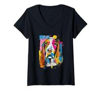 Mujer Basset Hound Pop Art Perro Colorido Arte Callejero Abstracto Camiseta Cuello V
