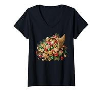 Mujer Bastones de Caramelo Pan de Jengibre Navidad y una Cornucopia Camiseta Cuello V