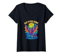 Mujer Bat to The Bone Retro Halloween Bat Artwork Camiseta Cuello V