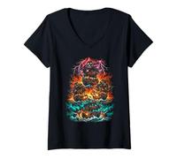 Mujer Batalla de Barco Pirata en tormentoso mar cráneo Bandera ilustración Camiseta Cuello V