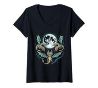 Mujer Batalla épica del dragón bajo la Luna Llena Arte de fantasía Camiseta Cuello V