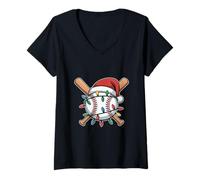 Mujer Bate de béisbol y pelota de Papá Noel sombrero de Navidad Camiseta Cuello V