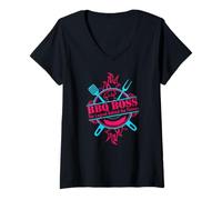 Mujer BBQ Boss The Legend Behind the Flames Barbacoa Smoker Dad Camiseta Cuello V