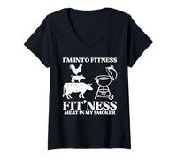 Mujer BBQ Gym Fitness Fit Ness Ahumador de Carne Barbacoa Juego de Palabras Papá Hombres Camiseta Cuello V