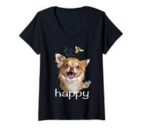 Mujer Be Happy Inspirational Chihuahua Perro Chiwawa de Pelo Largo Camiseta Cuello V