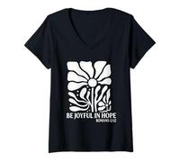 Mujer Be Joyful In Hope Boho Floral Flowers Verso de la Biblia Cristiano Camiseta Cuello V