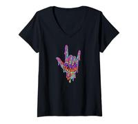 Mujer Be Kind ASL Lenguaje de señas | Retro Groovy - Melting Art Camiseta Cuello V