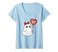 Mujer Be My Boo Ghost con Globo de corazón para San Valentín Halloween Camiseta Cuello V