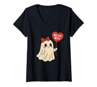 Mujer Be My Boo Ghost con Globo de corazón para San Valentín Halloween Camiseta Cuello V