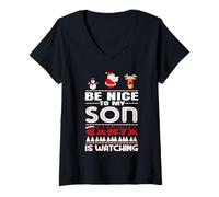 Mujer Be Nice To The Son Santa Is Watching Family Christmas Camiseta Cuello V