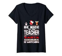 Mujer Be Nice To The Teacher Santa Is Watching Funny Christmas Camiseta Cuello V
