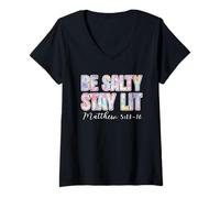 Mujer Be Salty Stay Lit Christian Matthew 5:13-16 Faith Scripture Camiseta Cuello V