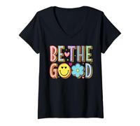 Mujer Be The Good Happy Face Flower Retro Positivo Lindo Gráfico Camiseta Cuello V