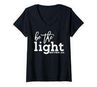 Mujer Be The Light Christian tee Diciendo Mateo 5:14 Cita de la Biblia Camiseta Cuello V