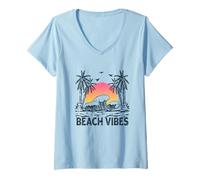 Mujer Beach Vibes Summer Retro Sunset Surf Palmera Diseño Camiseta Cuello V