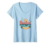 Mujer Beachin' Summer Vibes Tropical Paradise Camiseta Cuello V, Azul Bebé, XL