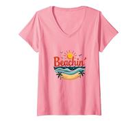 Mujer Beachin' Summer Vibes Tropical Paradise Camiseta Cuello V, Rosado, S