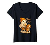 Mujer Beagle Halloween Ghost Walking Beagle Dog Camiseta Cuello V