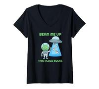 Mujer Beam Me Up Este Lugar Chupa Vacas OVNI Alienígenas Camiseta Cuello V