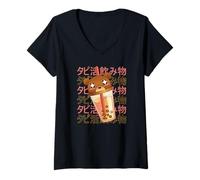Mujer Bear Boba Tea japonés Kawaii Lindo Divertido Camiseta Cuello V