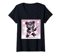 Mujer Bear Guitar Rock and Roll Kawaii Goth - Ropa para niña, Color Rosa gótico Camiseta Cuello V