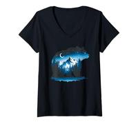 Mujer Bear Silhouette Night Landscape Montaña Naturaleza Fauna Camiseta Cuello V